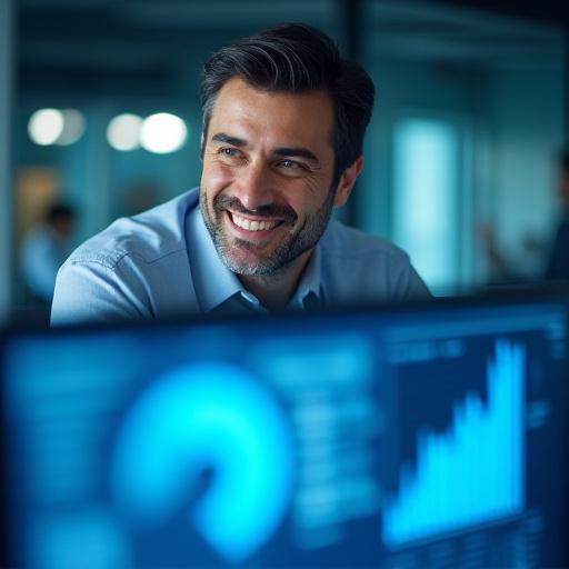 Giuseppe Greco, Analista Dati & PPC Specialist di Giglio Grow, uomo che analizza grafici su uno schermo